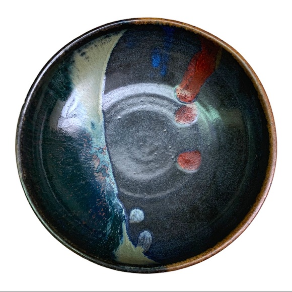 Artisan Hand-thrown Heavy Pedestal Pottery Bowl Drip Multicoloured Dish - Picture 3 of 7